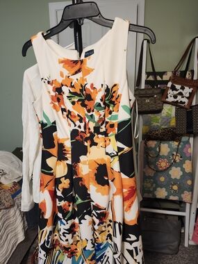 Solemio Cream Dress with Orange, Black & Green Floral Print